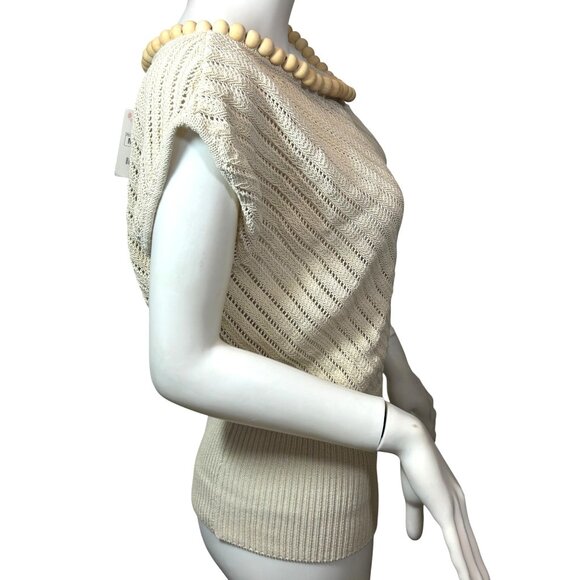 Zara Beaded Necklace Knit Top M Beige Cap Sleeve Boat Neck Stretchy Dressy Party - Picture 2 of 16